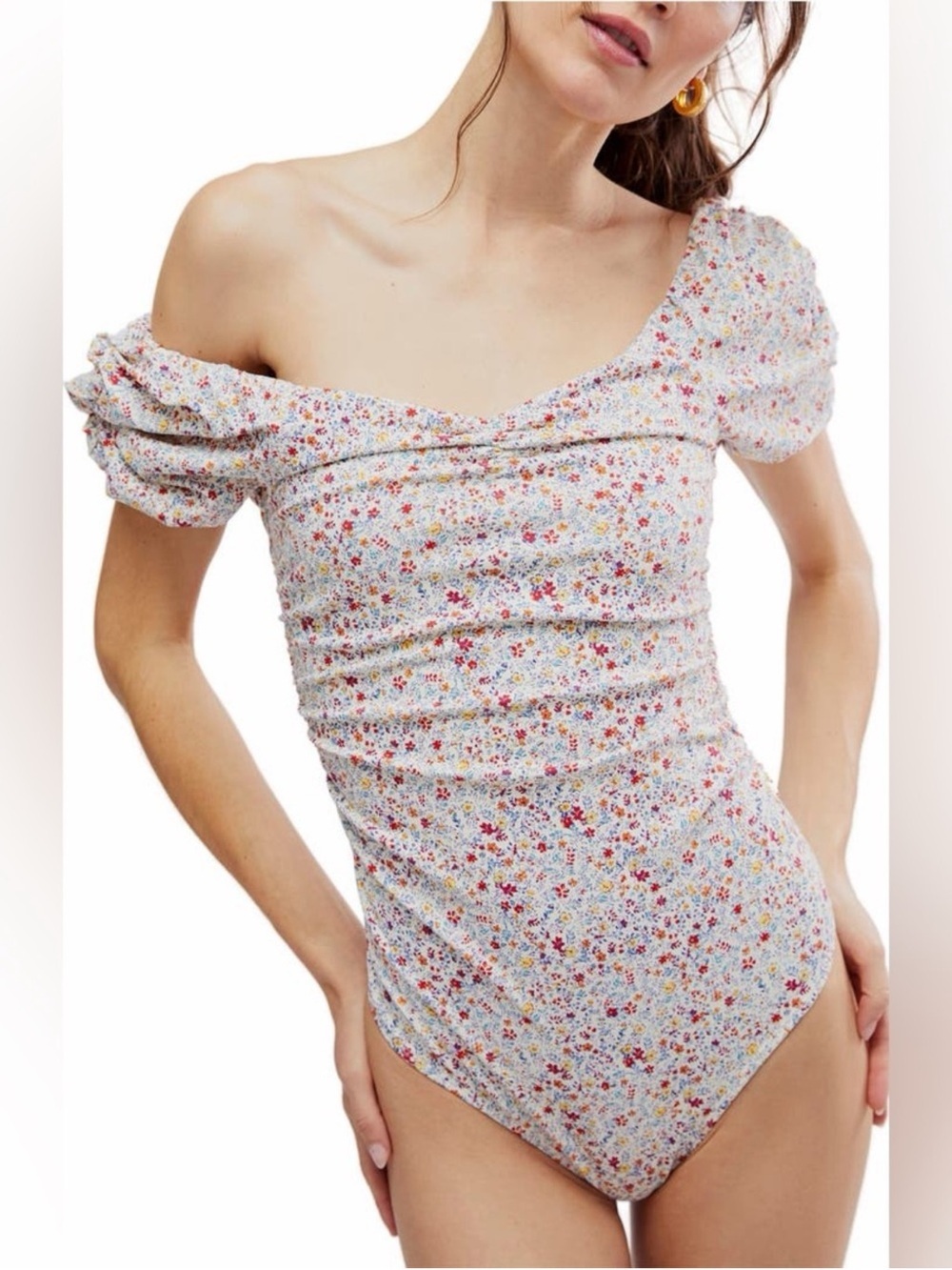NWT Free People Bella Floral Ruched Puff Sleeve Print Bodysuit - Size XL